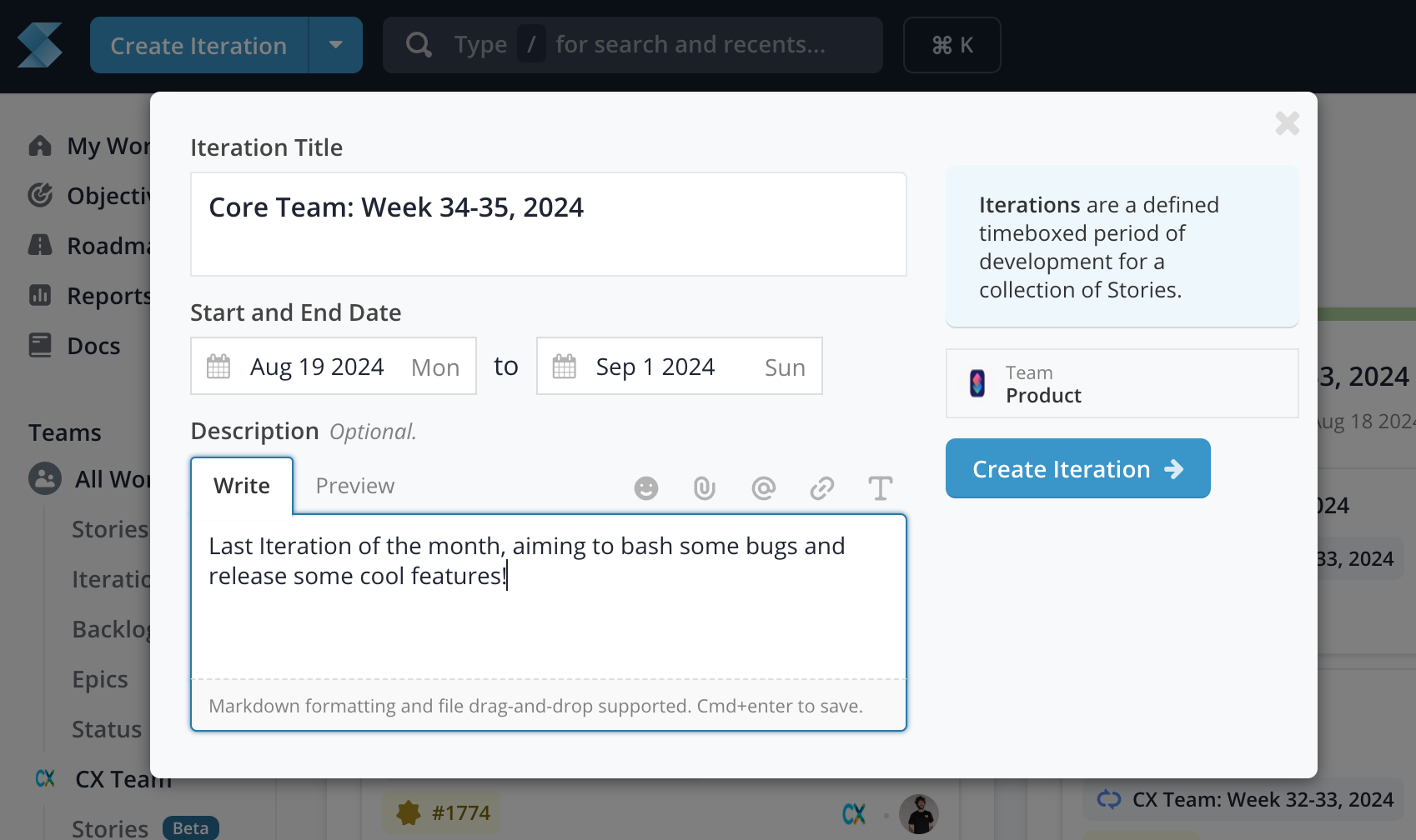 Iteration Create dialog